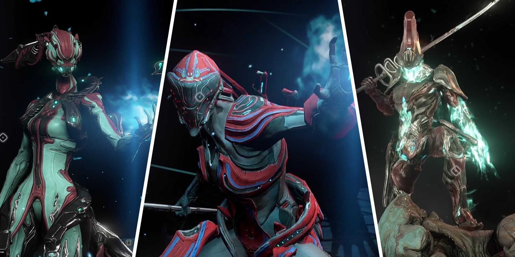 The Titania Warframe stands on the left, the Revenant Warframe stands on the right, with the Trinity Warframe in the center.