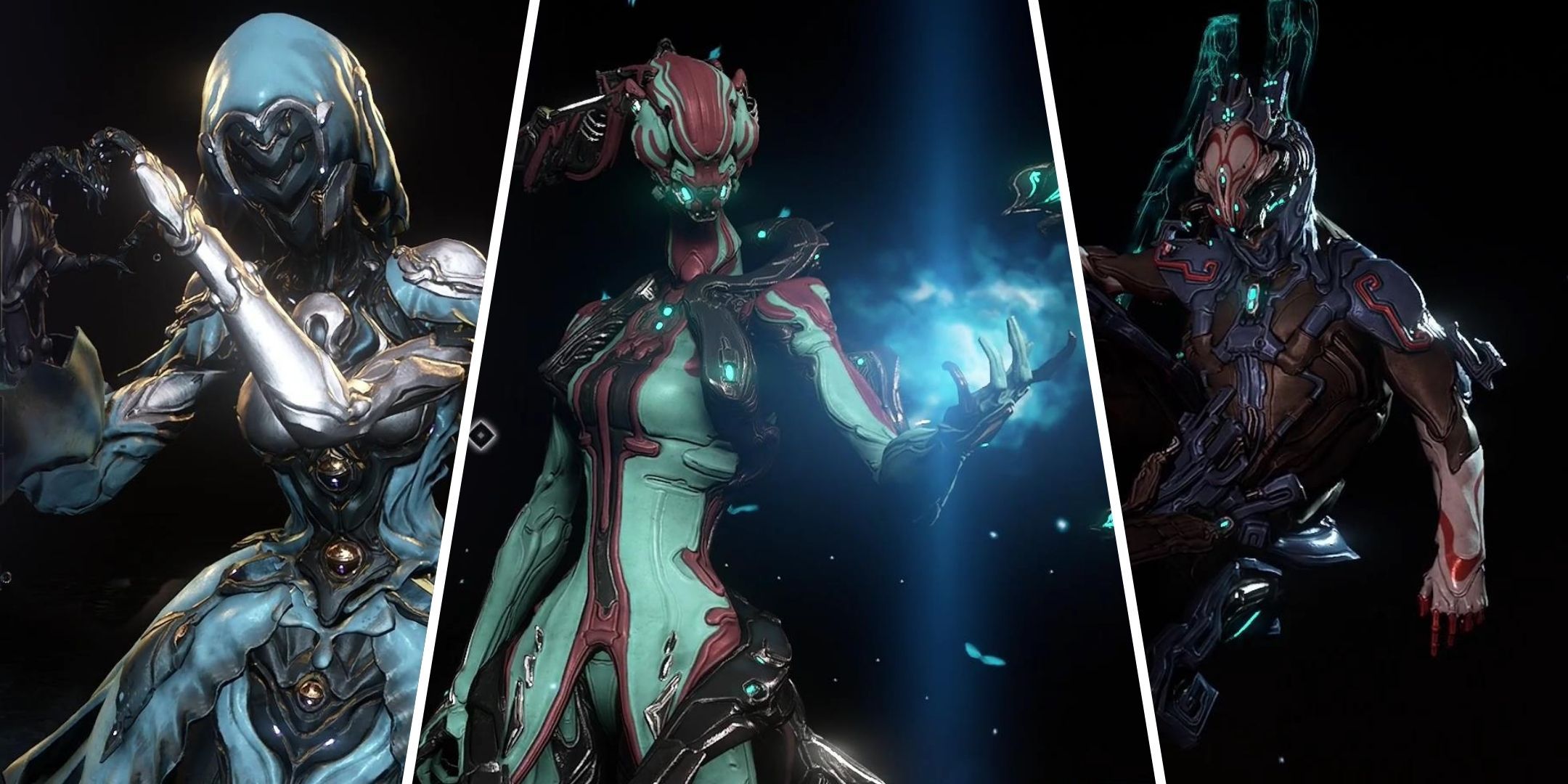 The Yareli Warframe stands on the left making heart hands, the Wukong Warframe hangs on the right, with the Titania Warframe wielding energy in the center.