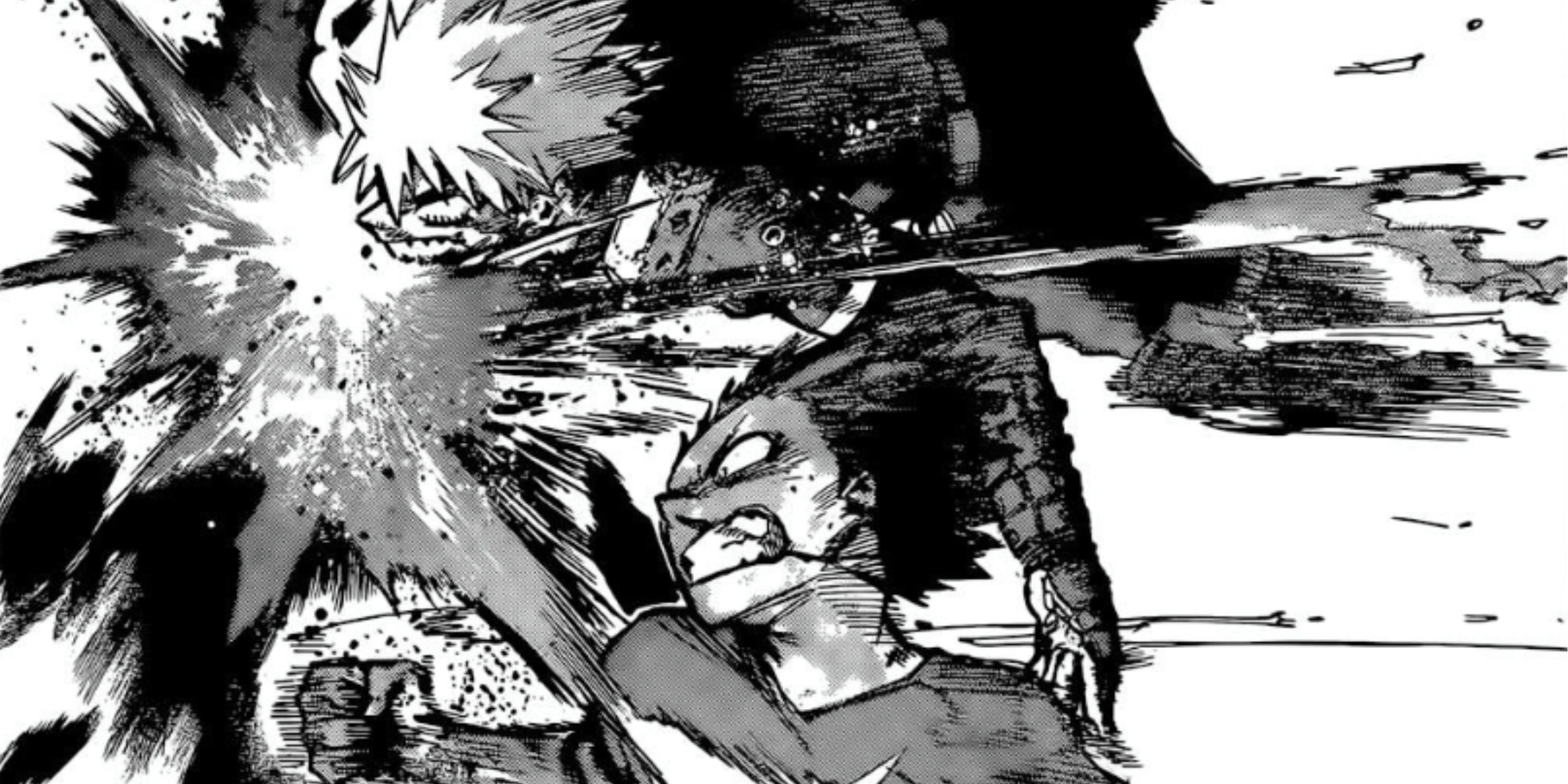 Bakugo shoots an explosion with his mouth at Kurogiri to let Midoriya land a punch.