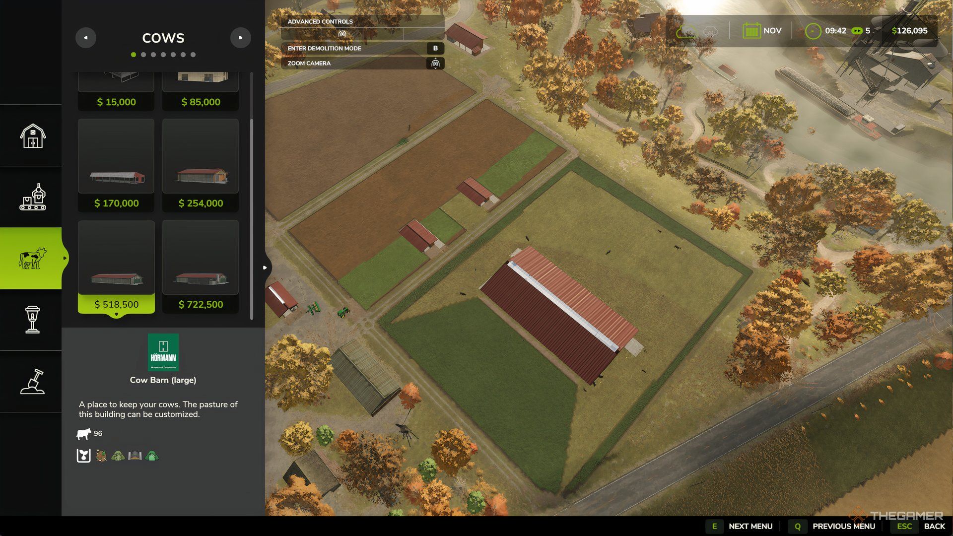 Build menu in Farming Simulator 25 showing Cow pasture from arial view.