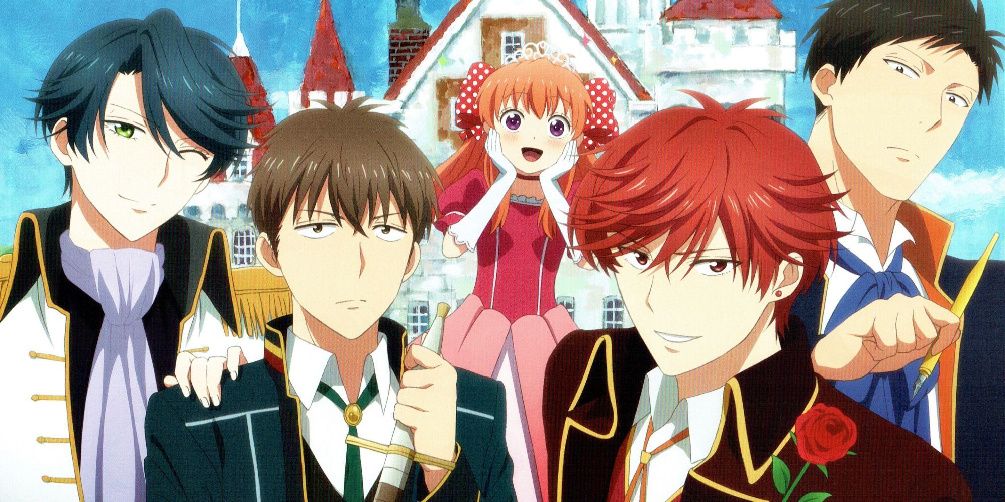 Five characters from Monthly Girls' Nozaki-Kun standing in front of an ornate building