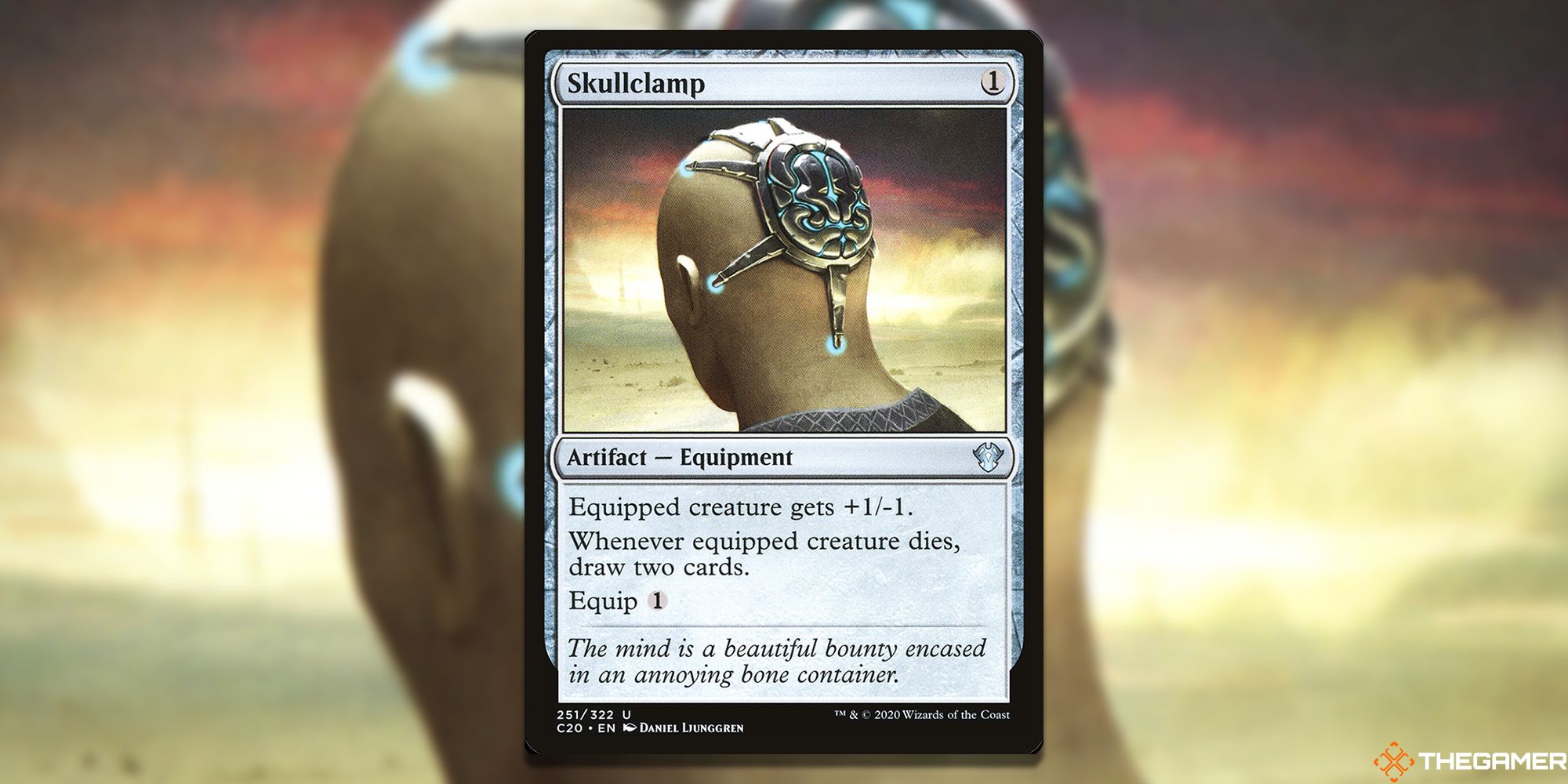 MTG Skullclamp card with the art in the background. 