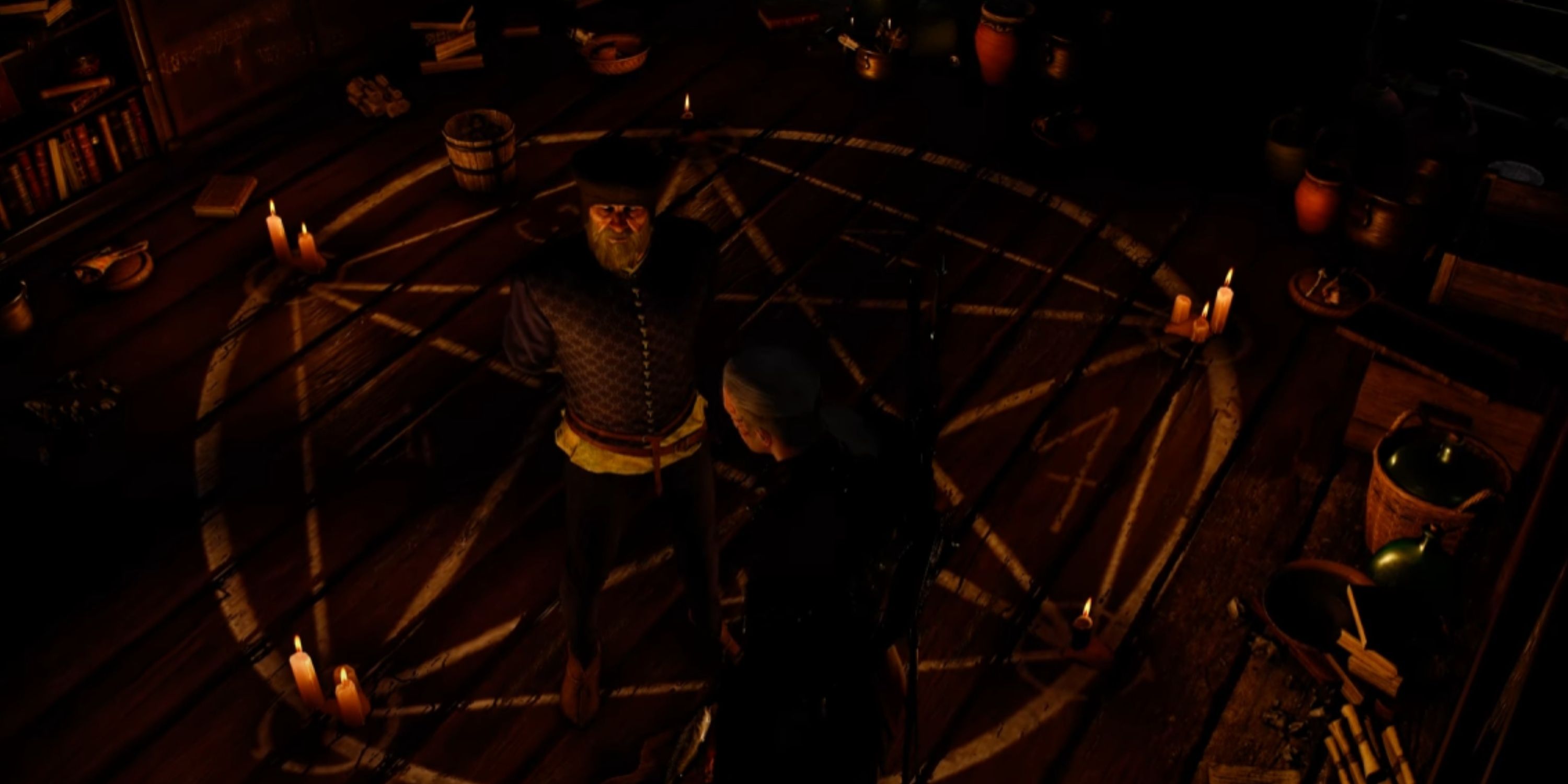 Professor Shakeslock stands in his protective circle as he talks to Geralt.