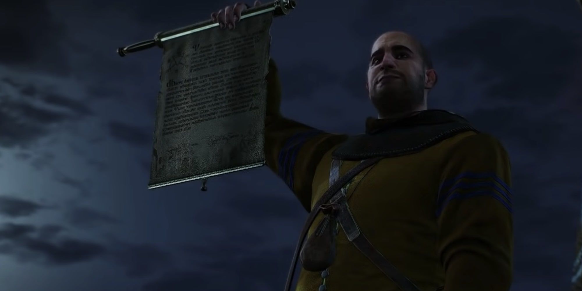 The Witcher 3 Hearts of Stone O'Dimm brandishes Olgierd's contract.