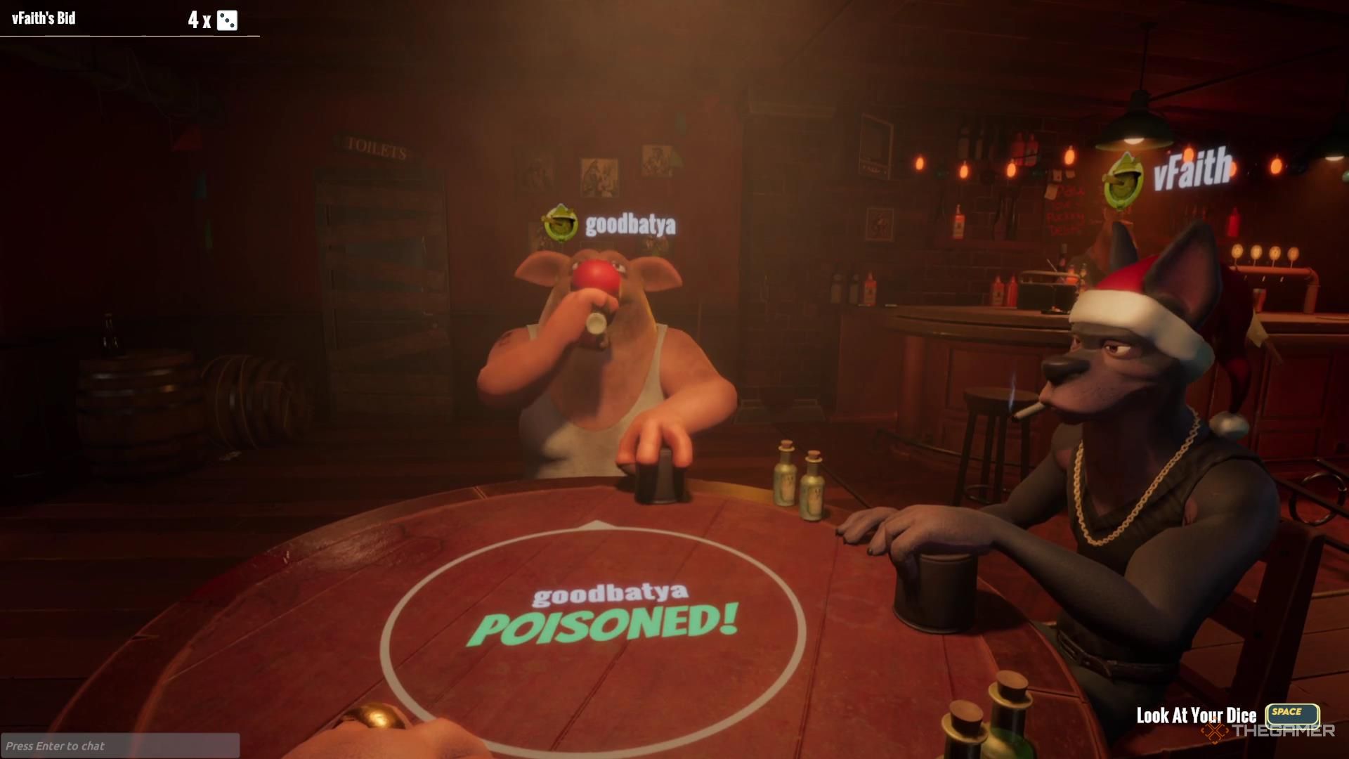 A player drinks their final poison shot in Liar's Dice.