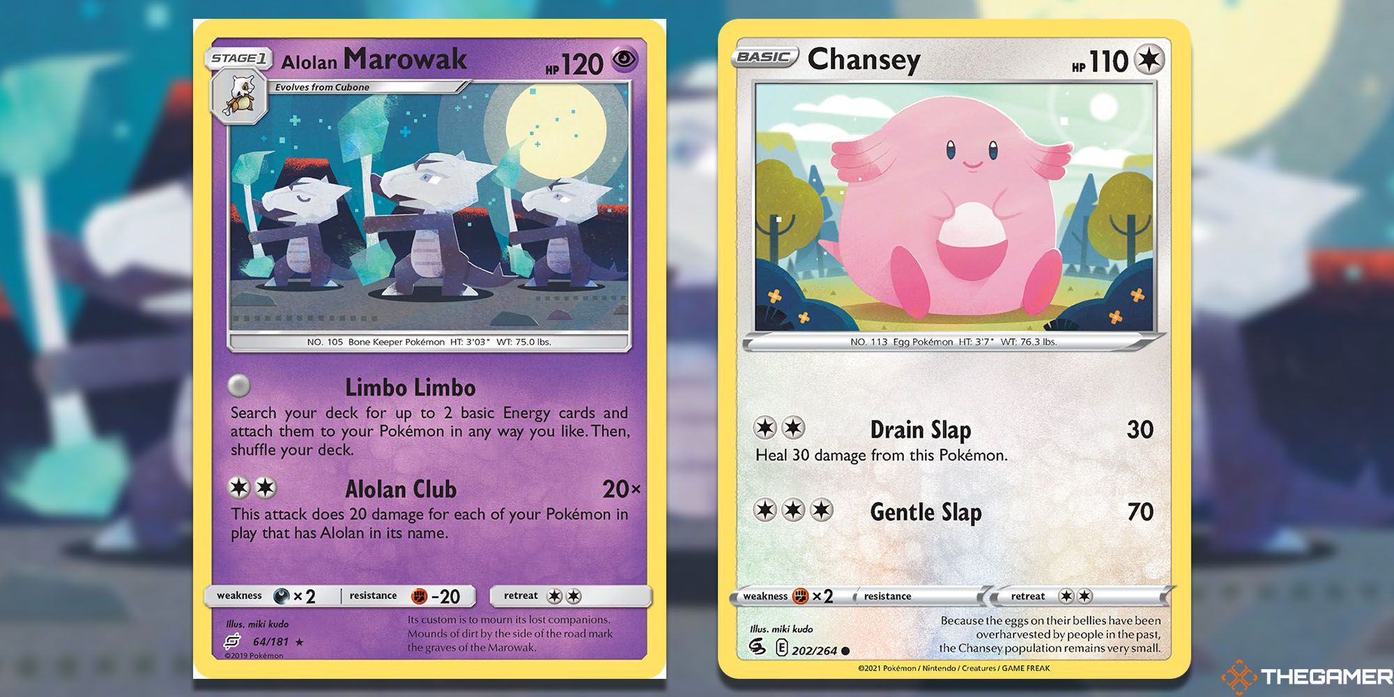 Miki Kudo's Alolan Marowak and Chansey cards.