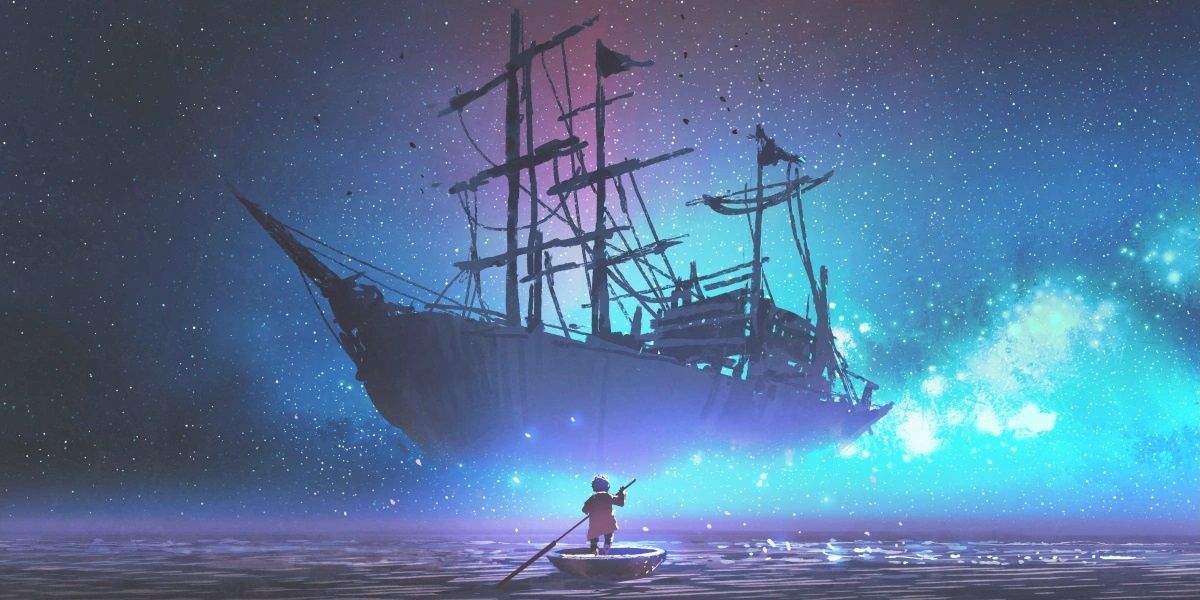 Dungeons and Dragons Person Sailing A Small Boat Looking At Floating Galleon Ship In The Sky At Night.