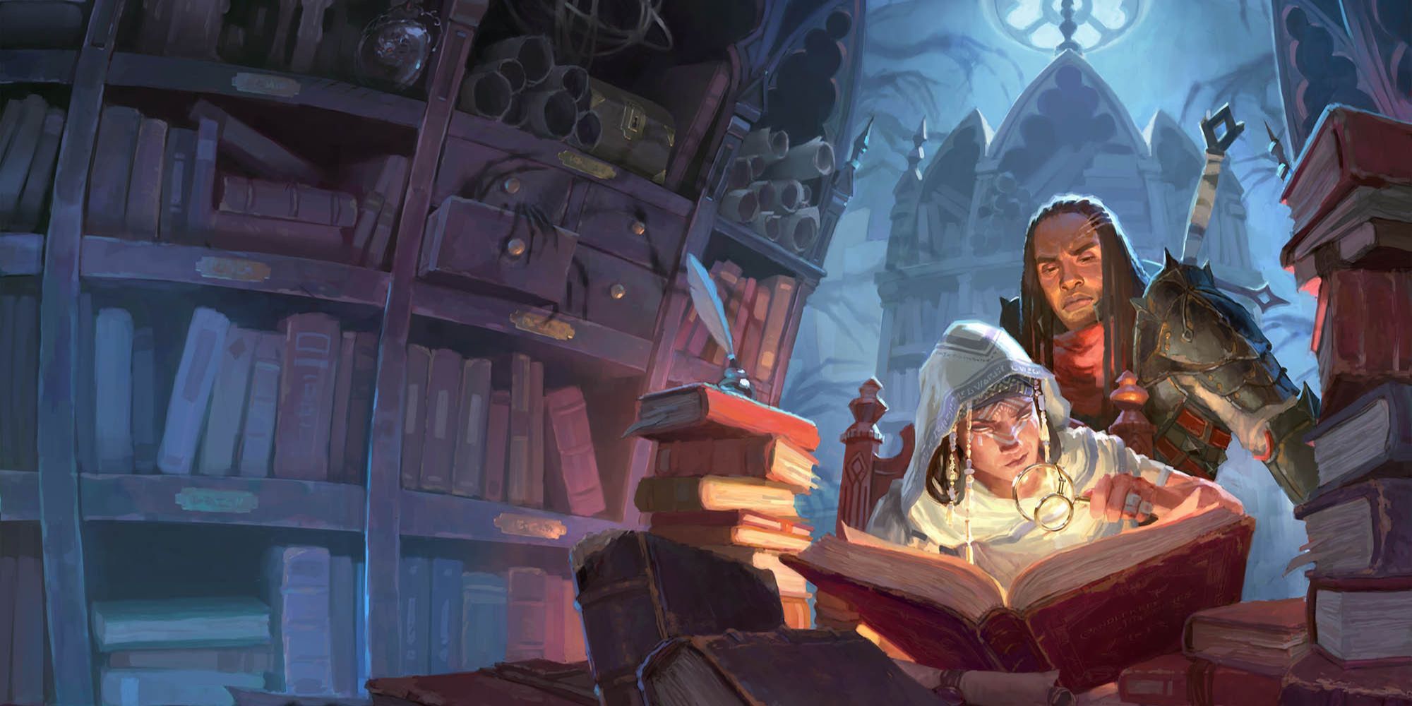 Dungeons And Dragons - Candlekeep Mysteries Cover Art of Adventurers Reading from a book in a old library.