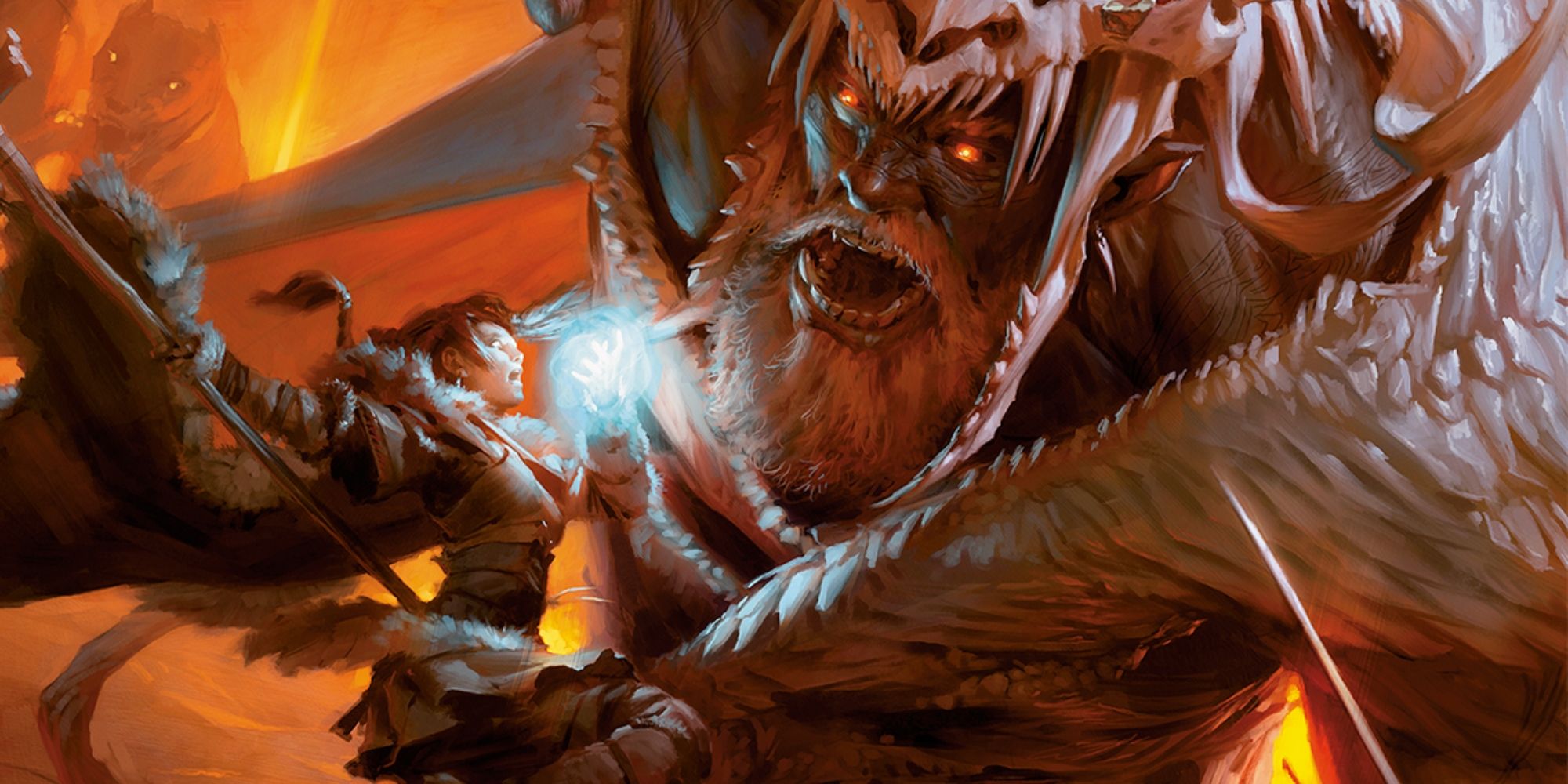 A human prepares magic as they jump at a much larger enemy from Dungeons & Dragons.