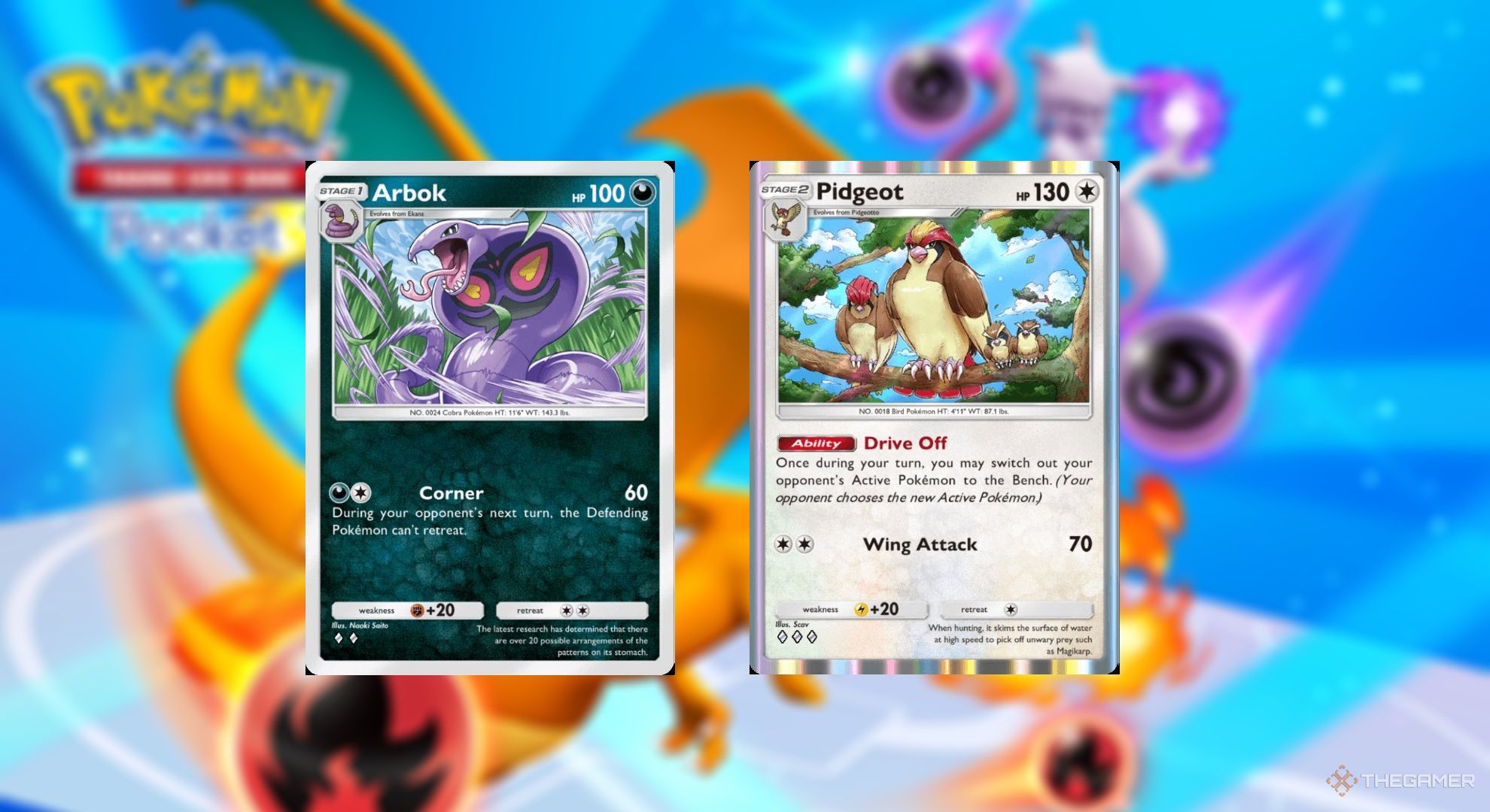 Arbok and Pidgeot in Pokémon TCG Pocket.