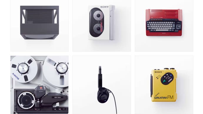 Image of several classic 90s Sony design objects such as the yellow Walkman and a projector