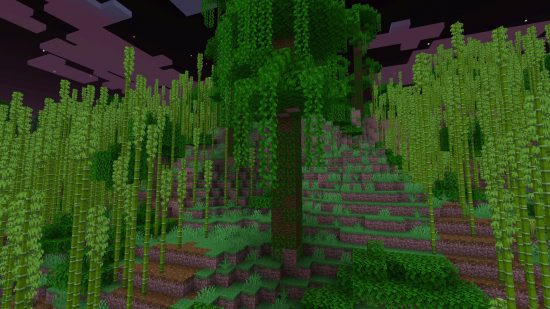 Minecraft biomes - a giant tree towers over the top of vine-covered trees in the jungle biome.