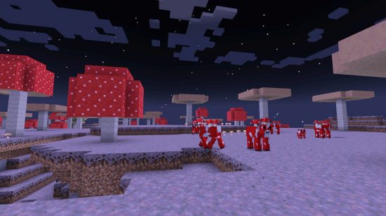 Minecraft biomes - a herd of Mooshrooms grazing in the Mushroom fields.