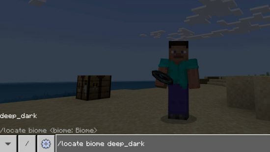 Minecraft biome - the player is using the command codes to try to find the nearest Deep Dark biome.