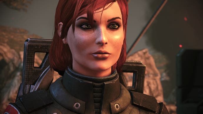 Screenshot showing close up of red-headed soldier FemShep from Mass Effect Legendary Edition