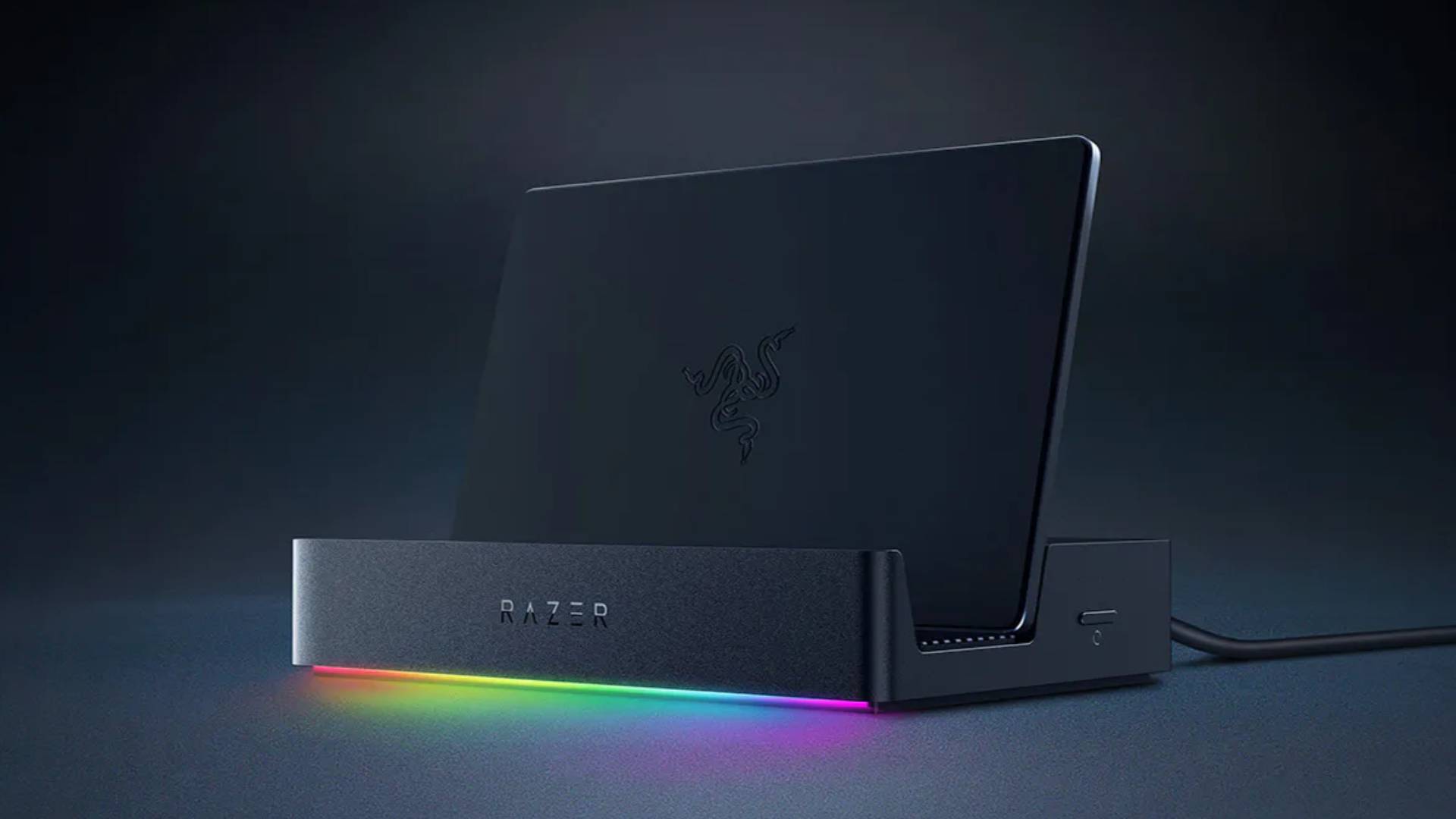 Front view of Razer Handheld Dock Chroma with cradle flipped up