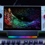 Razer Handheld Dock Chroma with Asus ROG Ally on top next to keyboard