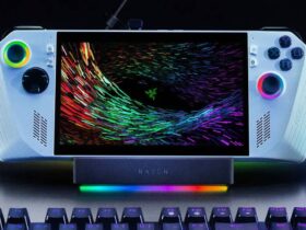 Razer Handheld Dock Chroma with Asus ROG Ally on top next to keyboard