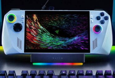 Razer Handheld Dock Chroma with Asus ROG Ally on top next to keyboard