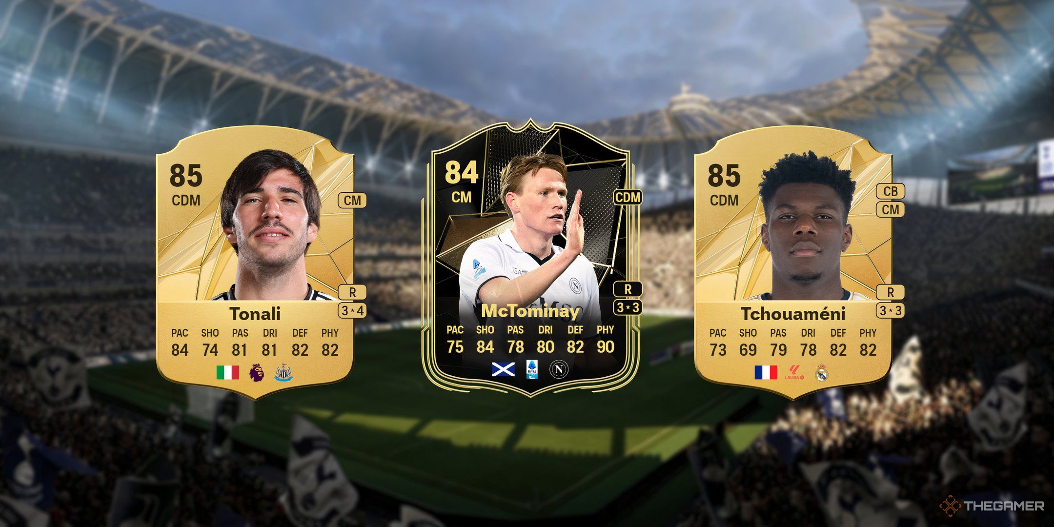 Tonali's, McTominay's, and Tchouameni's cards in EA Sports FC 25.