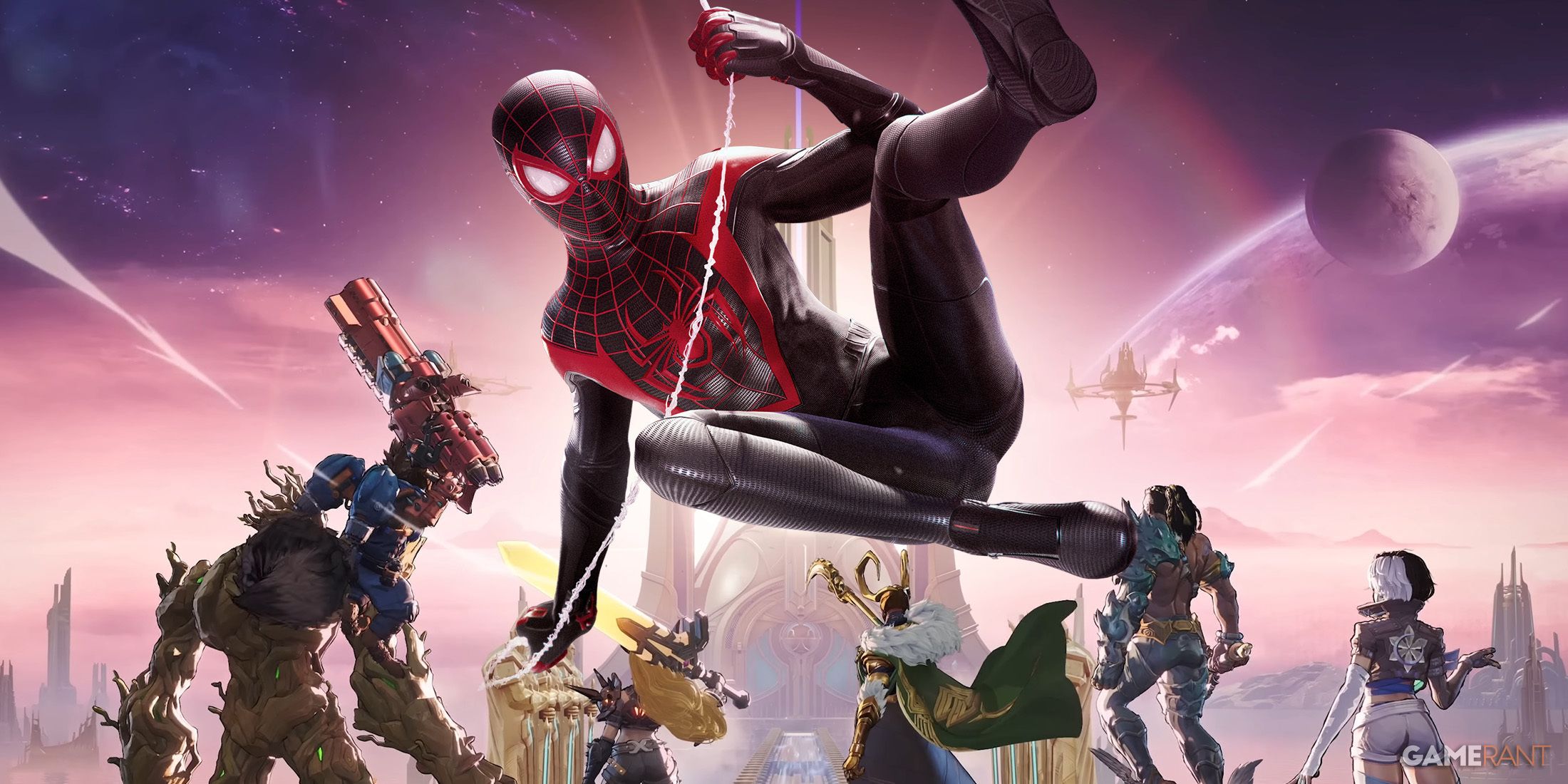 Miles Morales, in his render from Insomniac's Spider-Man games, swinging past several heroes and villains from Marvel Rivals,