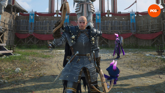 Throne and Liberty best weapon combos: a bald soldier holding a pair of crossbows