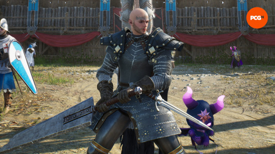 Throne and Liberty best weapon combos: a bald soldier holding a greatsword