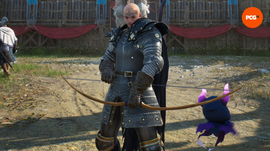 Throne and Liberty best weapon combos: a bald soldier holding a longbow with a staff on their back