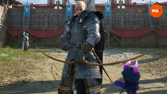 Throne and Liberty best weapon combos: a bald soldier holding a longbow