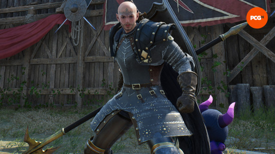 Throne and Liberty best weapon combos: spear/sword and shield combo wielded by an armored bald man