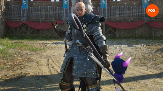 Throne and Liberty best weapon combos: a bald soldier holding a staff with daggers attached to his belt