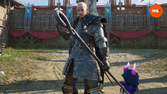 Throne and Liberty best weapon combos: a bald soldier holding a staff