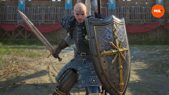 Throne and Liberty best weapon combos: a bald soldier holding a sword and shield with a greatsword on their back