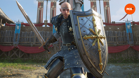 Throne and Liberty best weapon combos: a bald soldier holding a sword and shield