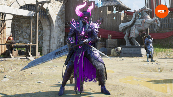 Throne and Liberty weapon tier list: a pink and purple knight holding a greatsword