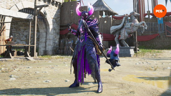 Throne and Liberty weapon tier list: a pink and purple knight holding a staff