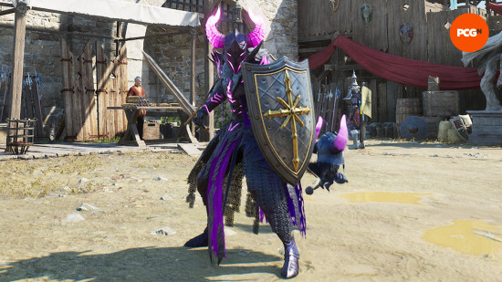 Throne and Liberty weapon tier list: a pink and purple knight holding a sword and shield