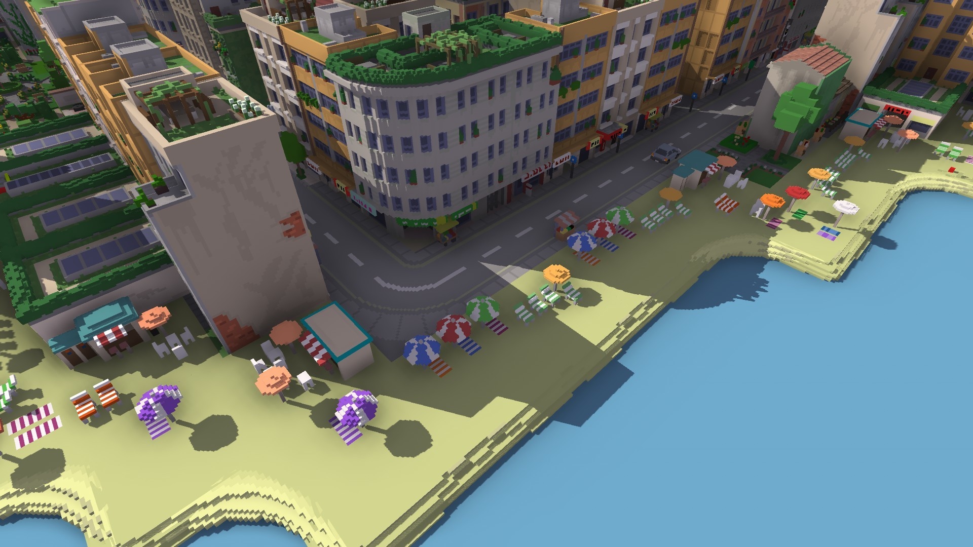 Urbek City-Builder screenshot showing a city near the beach.