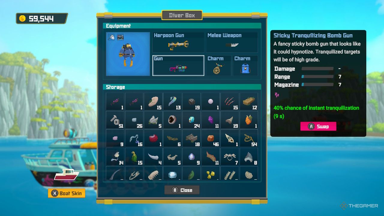 Dave The Diver Tranquilizing Bomb Gun highlighted in Dave's diver box.