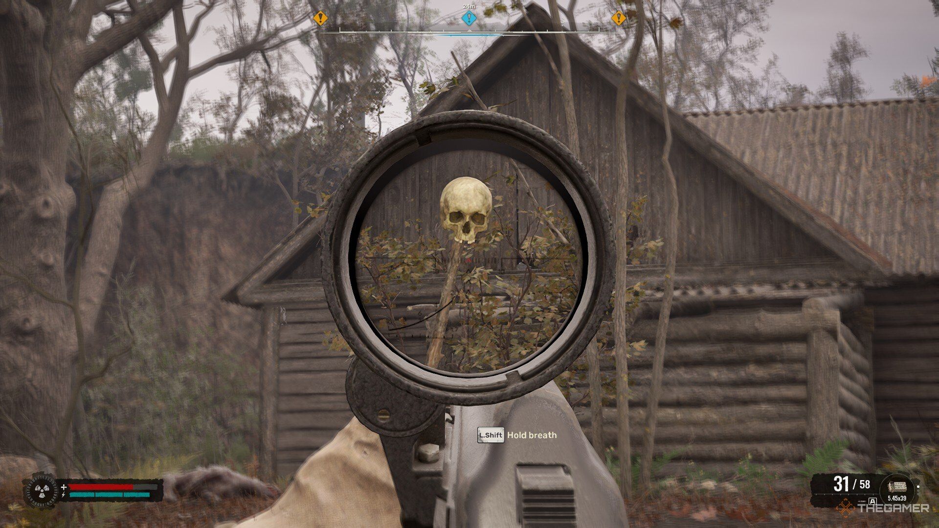 A skull on a stick, viewed through a scope in Stalker 2: Heart Of Chornobyl.