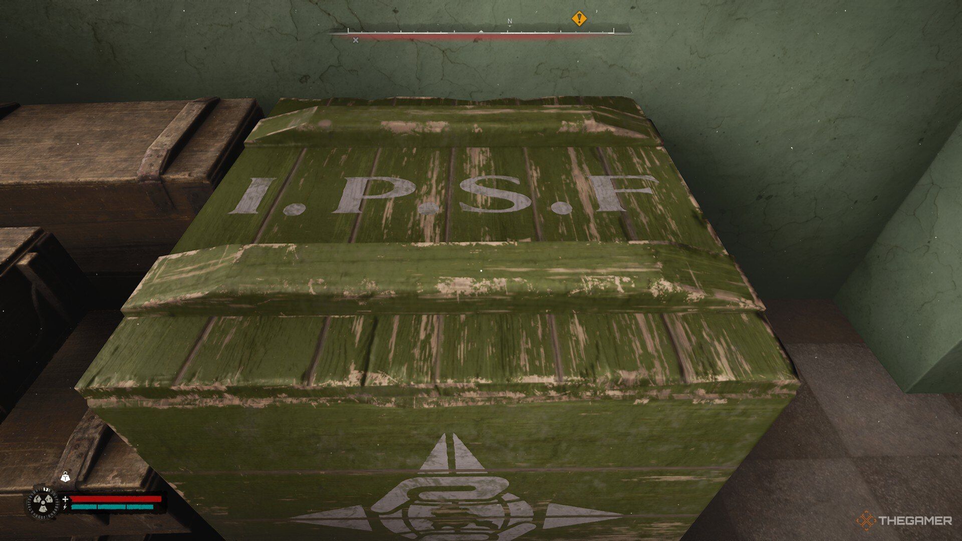 A first-person view of an IPSF supply box in Stalker 2: Heart Of Chornobyl.