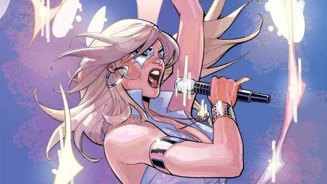 Dazzler sings into a microphone.