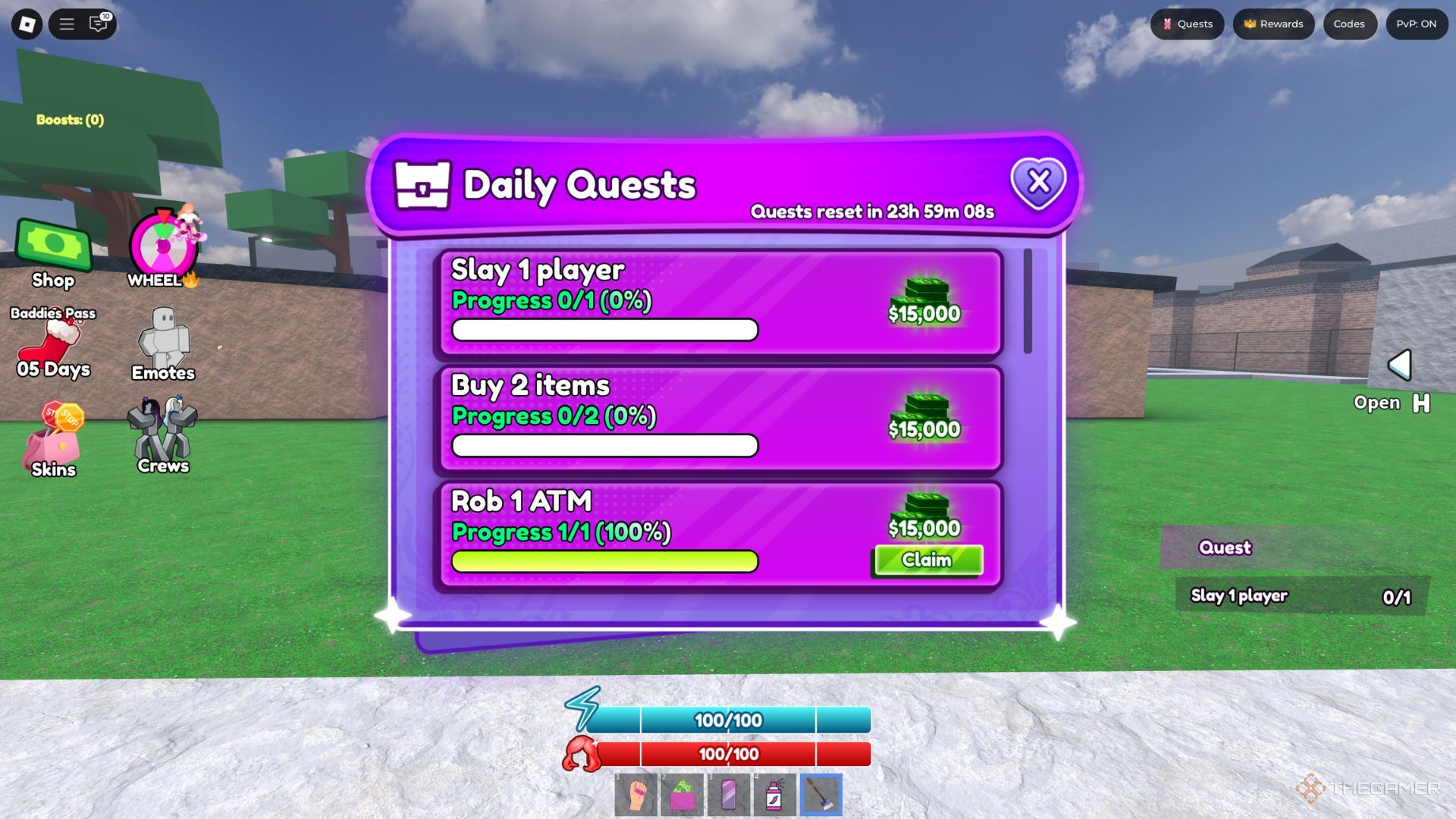 The player character shows the Daily Quests list in Baddies.