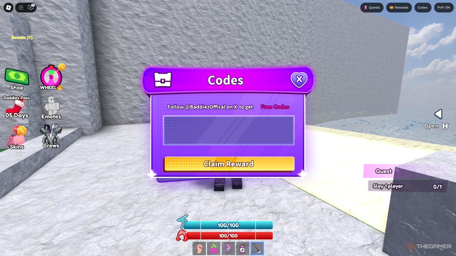 The player character shows the codes tab in Baddies.