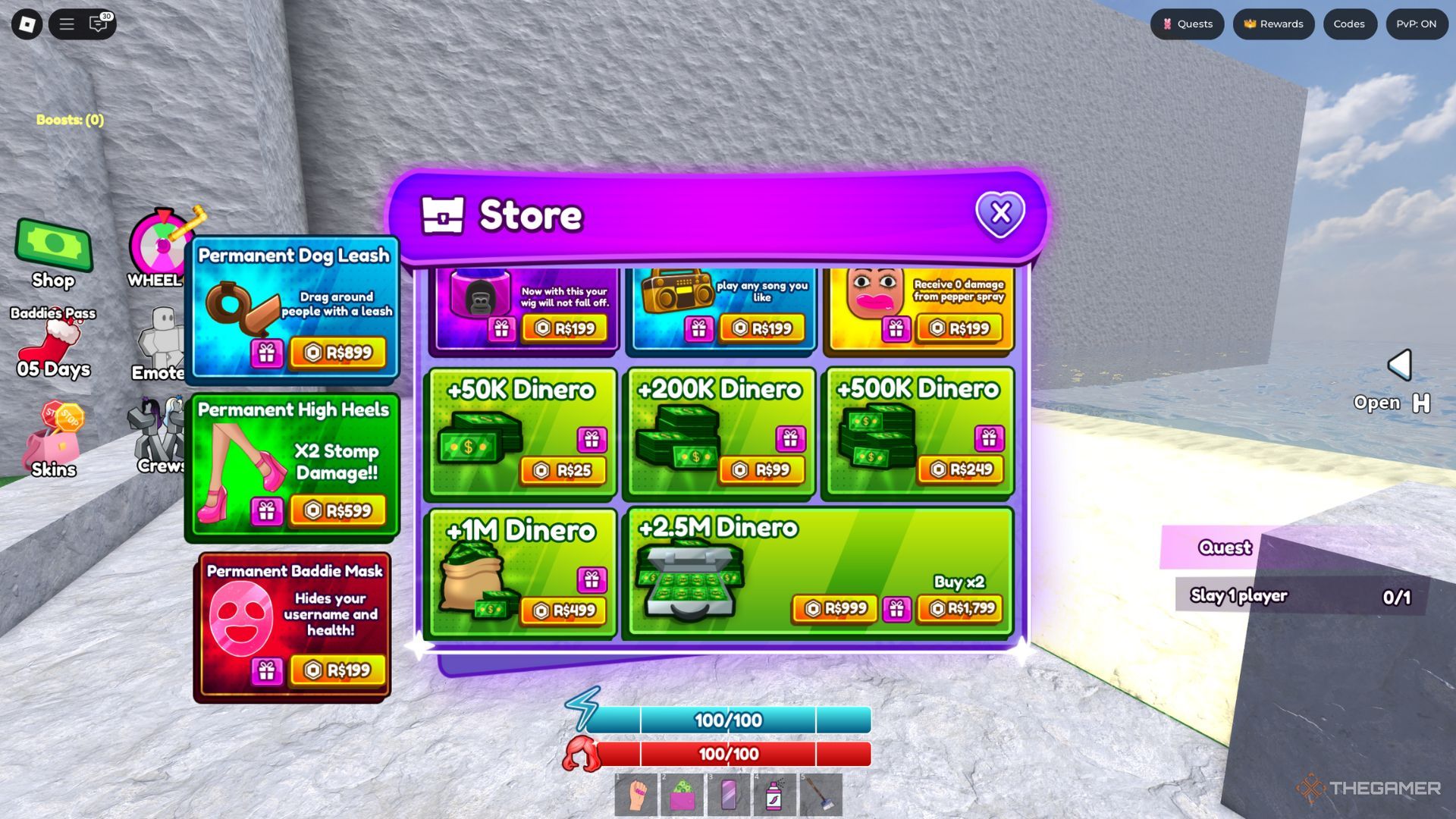 The player character shows the store where Roblox players can buy money using Robux in Baddies.