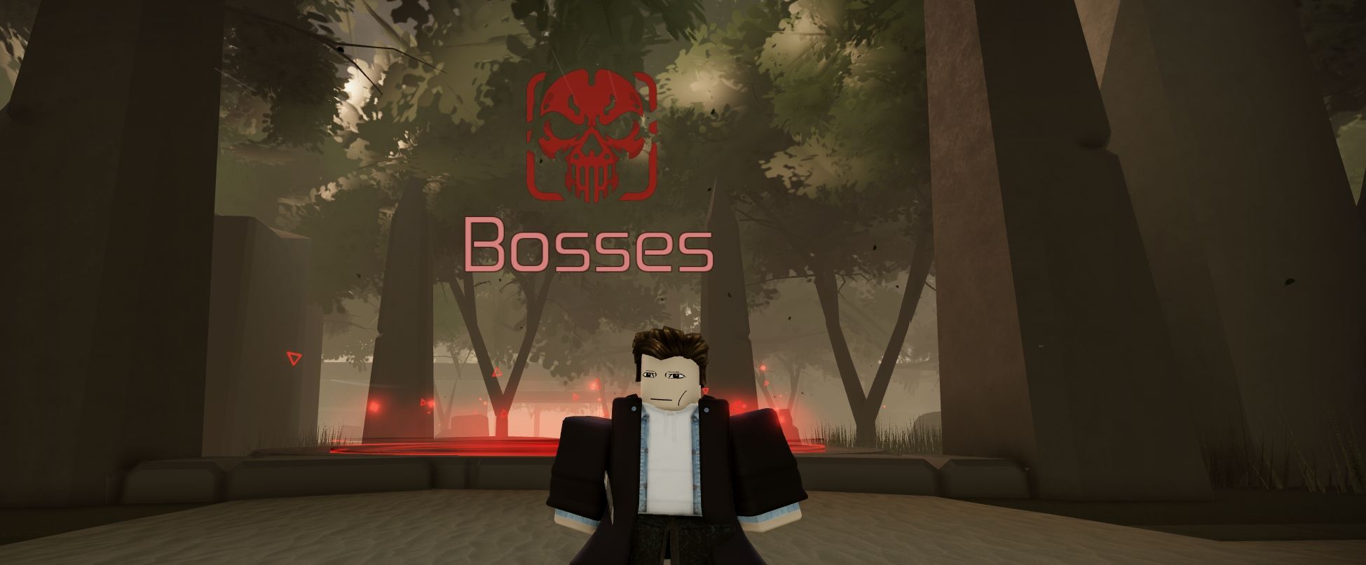 The Bosses area in red is located just behind the player - Roblox Jujutsu Infinite