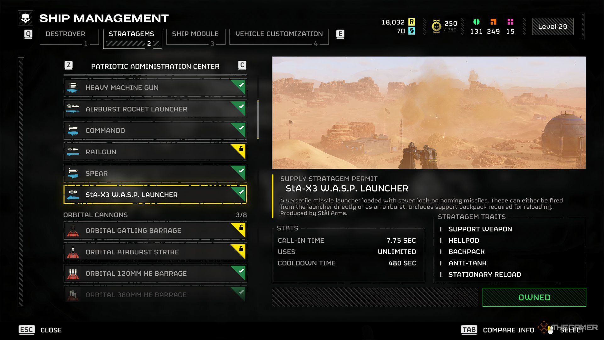 Helldivers 2: The Wasp Launcher and its stat description.