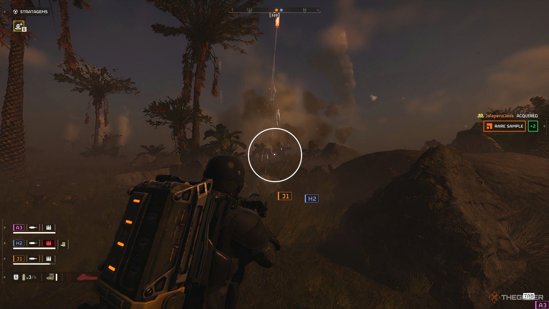 Helldivers 2: The Wasp Launcher hitting a target whilst in artillery mode.