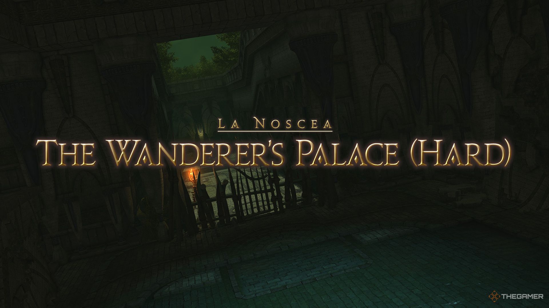 The introduction cutscene for the Wanderer's Palace (Hard), showing the Dungeon's title and scenery. 