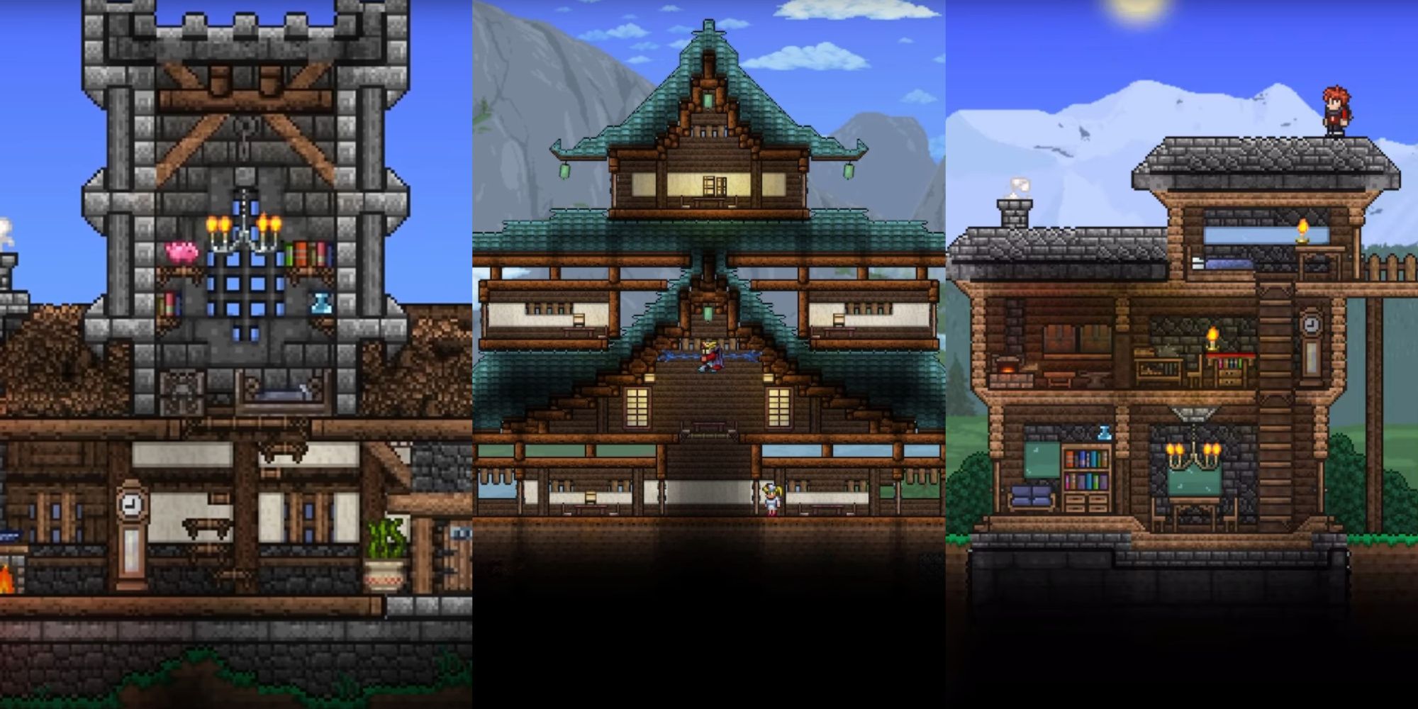 A collage image of three different houses in Terraria.